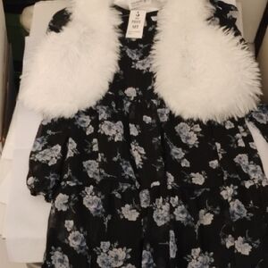 Knitworks Black and Gray Ruffled Embellished dress With Faux Fur Vest